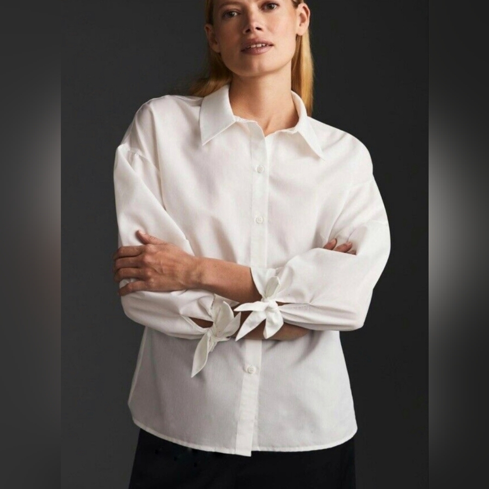 Anthropologie White Button-Down Tie-Sleeve Blouse
